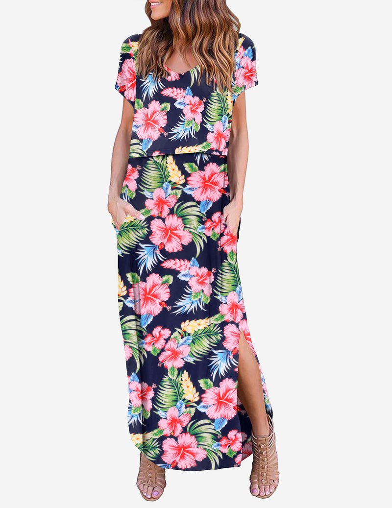Umstands-Maxikleid mit V-Ausschnitt, Kurzarm, Blumenprint und seitlichem Schlitz, dunkel