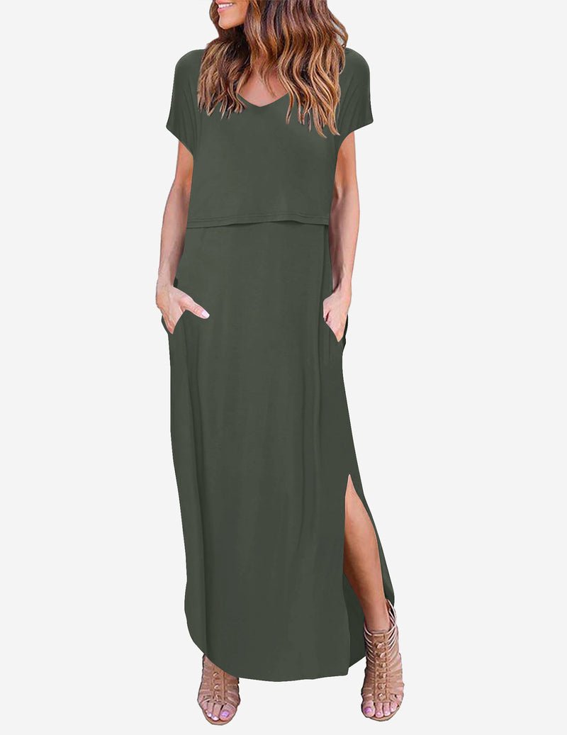 V-Ausschnitt Kurzarm Umstands-Maxikleid, ärmellose Taille, seitlicher Schlitz, dunkelgrün