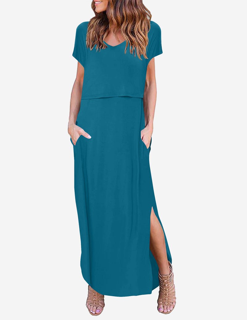 Teal V-neck short-sleeve maternity maxi dress with side split hem