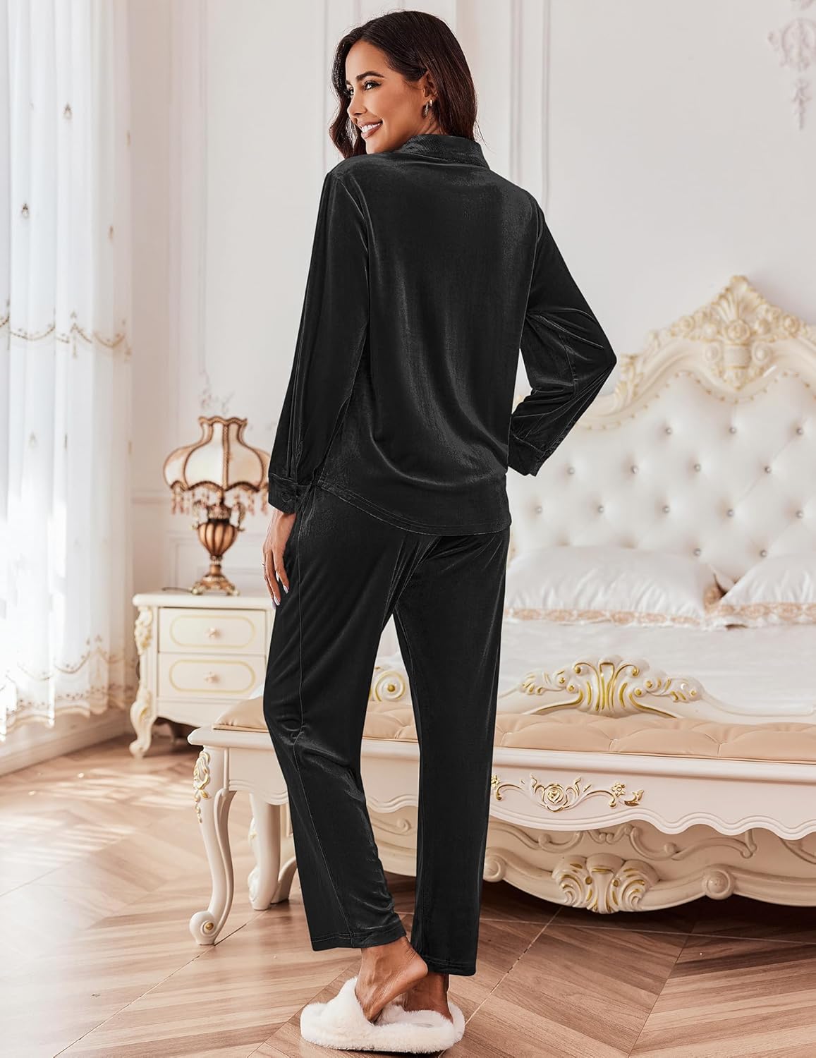 Velour track pajama set in black, back view with long sleeves and straight-leg pants