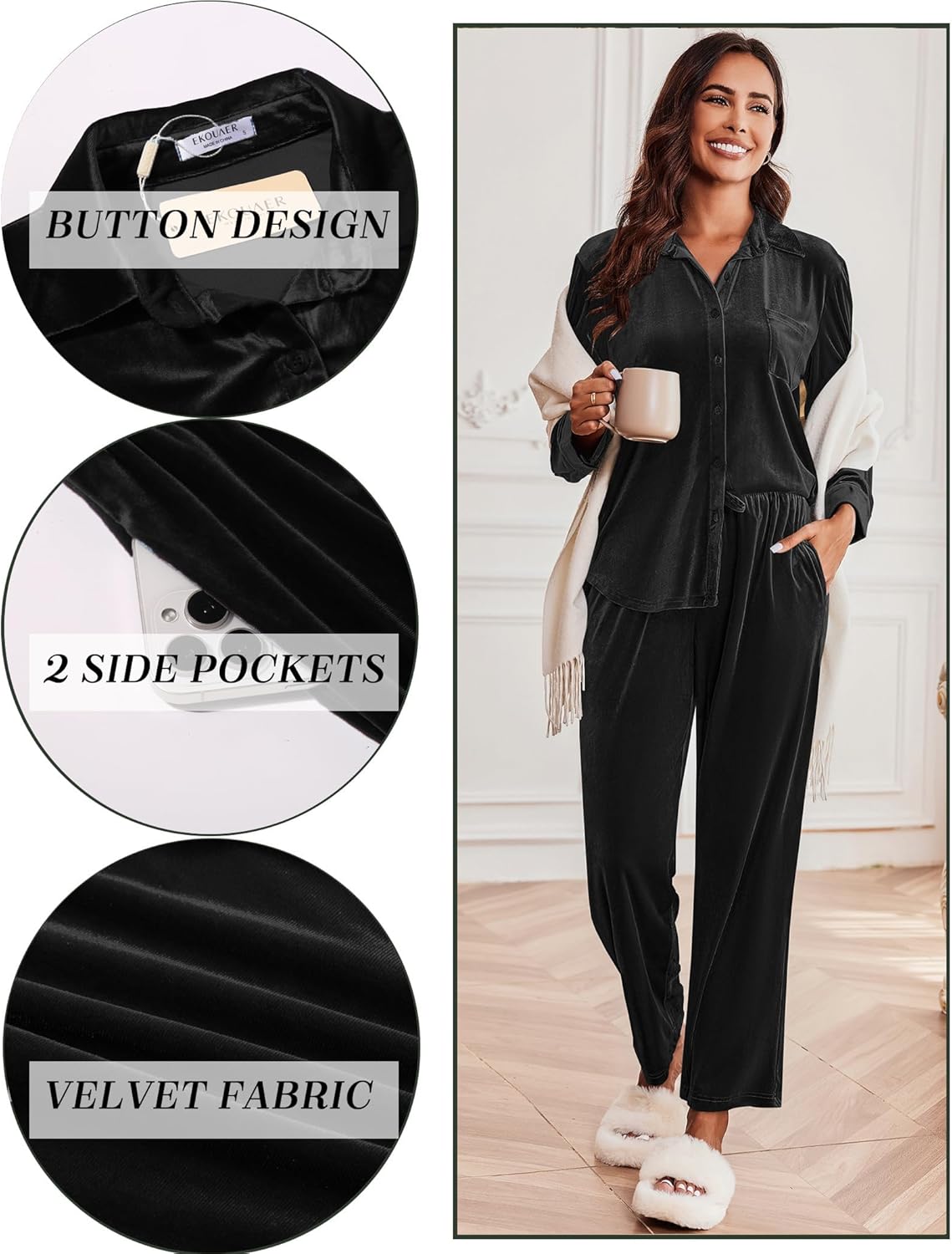 Velour track pajama set in black with button front top and tapered straight-leg pants