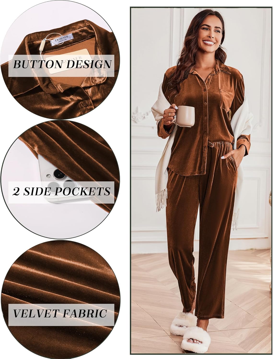 Braunes Velour Pyjama-Set: Knopfleiste, 2 Seitentaschen, glatter Stoff