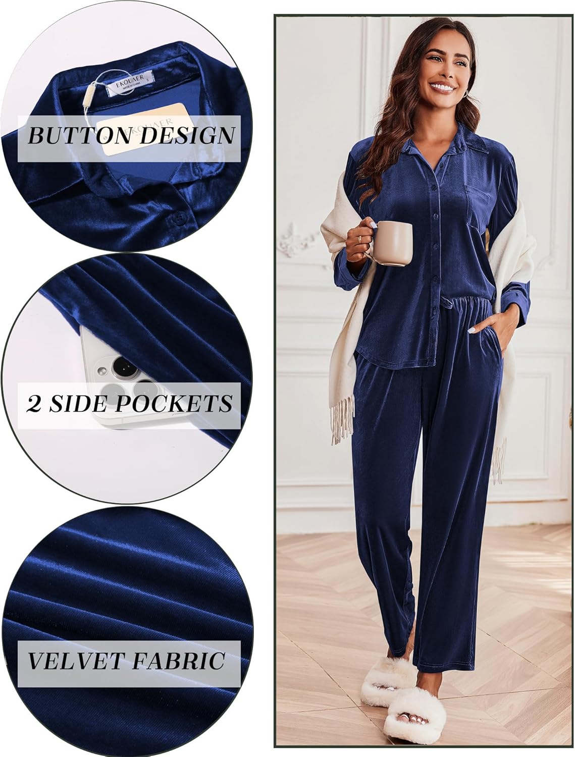 Velour track pajama set in peacock blue with button-down top and side pockets