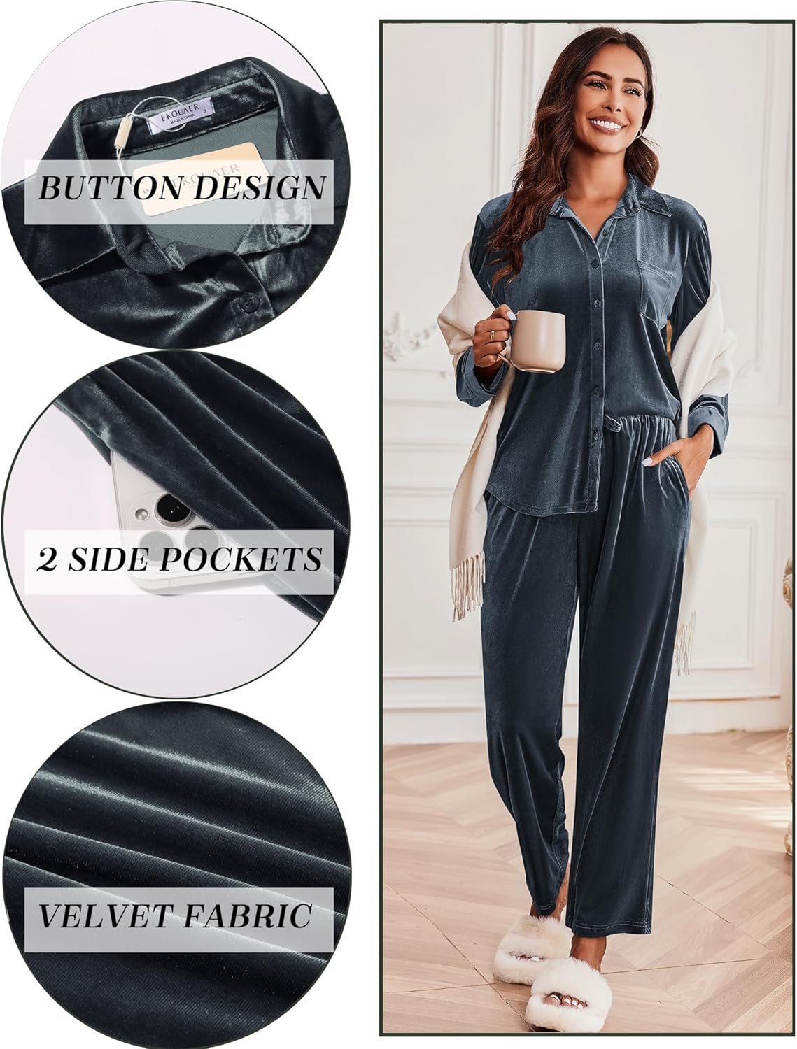 Velour track pajama set in dark blue with button front and side pockets