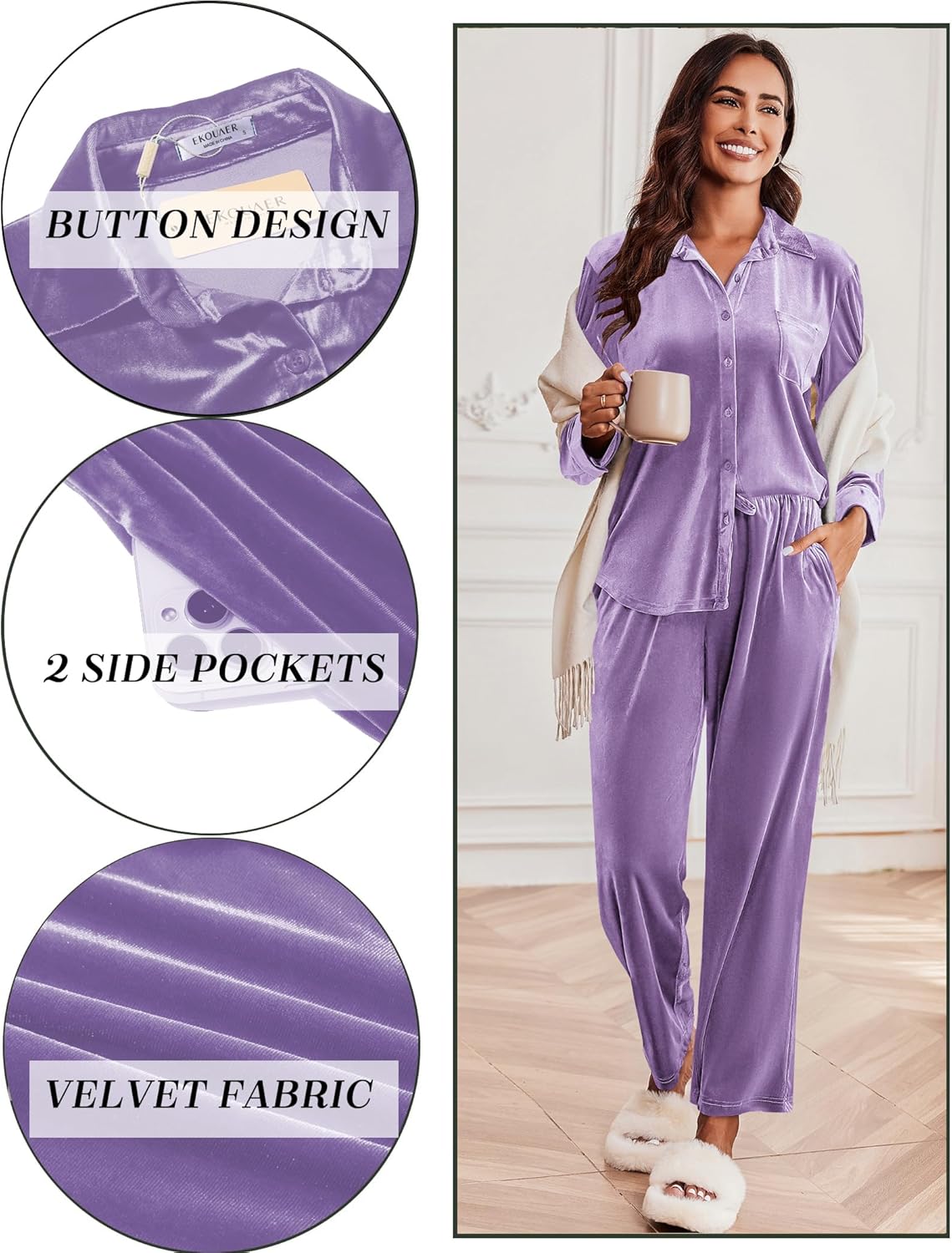 Lila Velour-Pyjama: Knopfleiste, 2 Seitentaschen, weicher Stoff