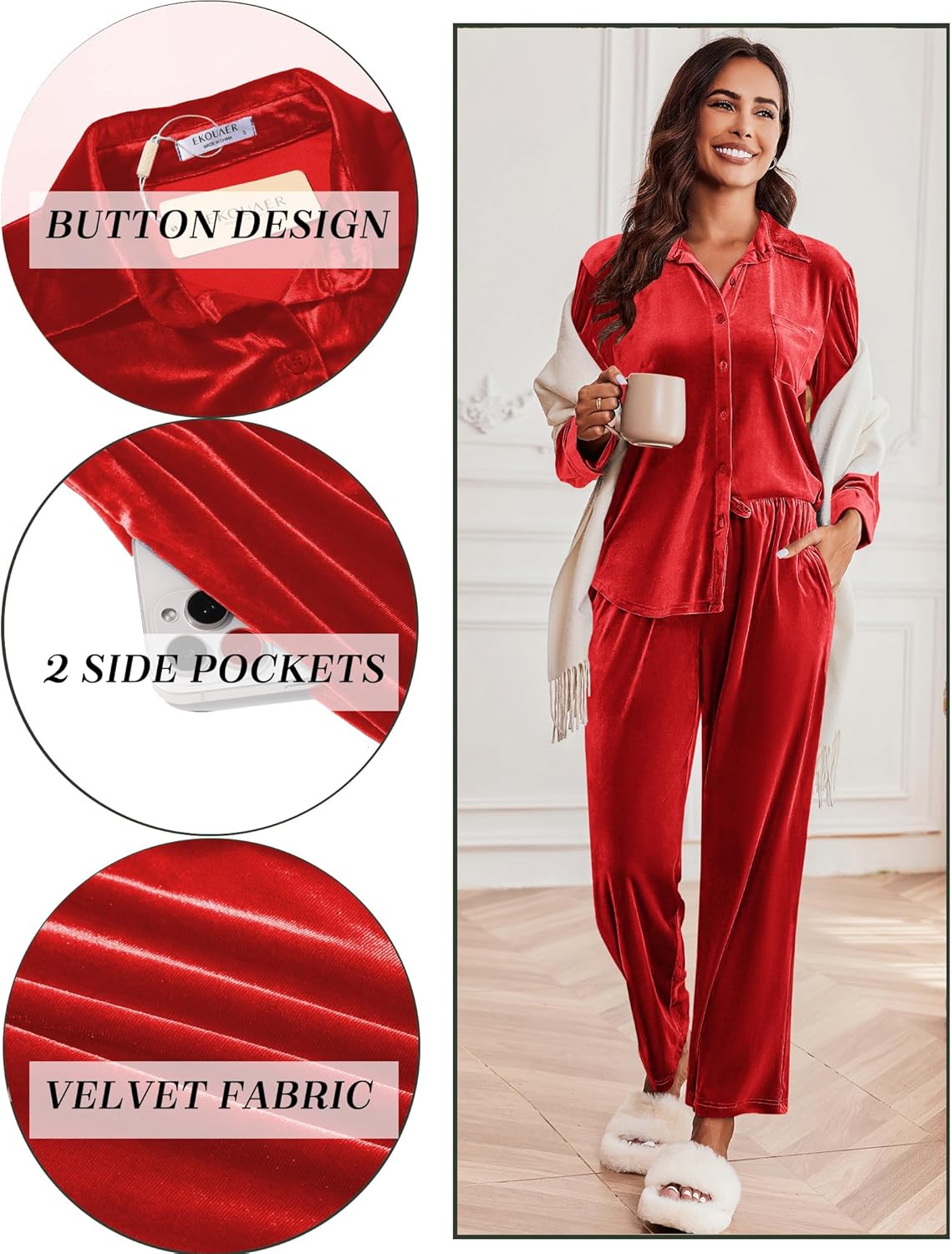 Roter Velour Pyjama: Knopfleiste, 2 Seitentaschen, glänzender Stoff