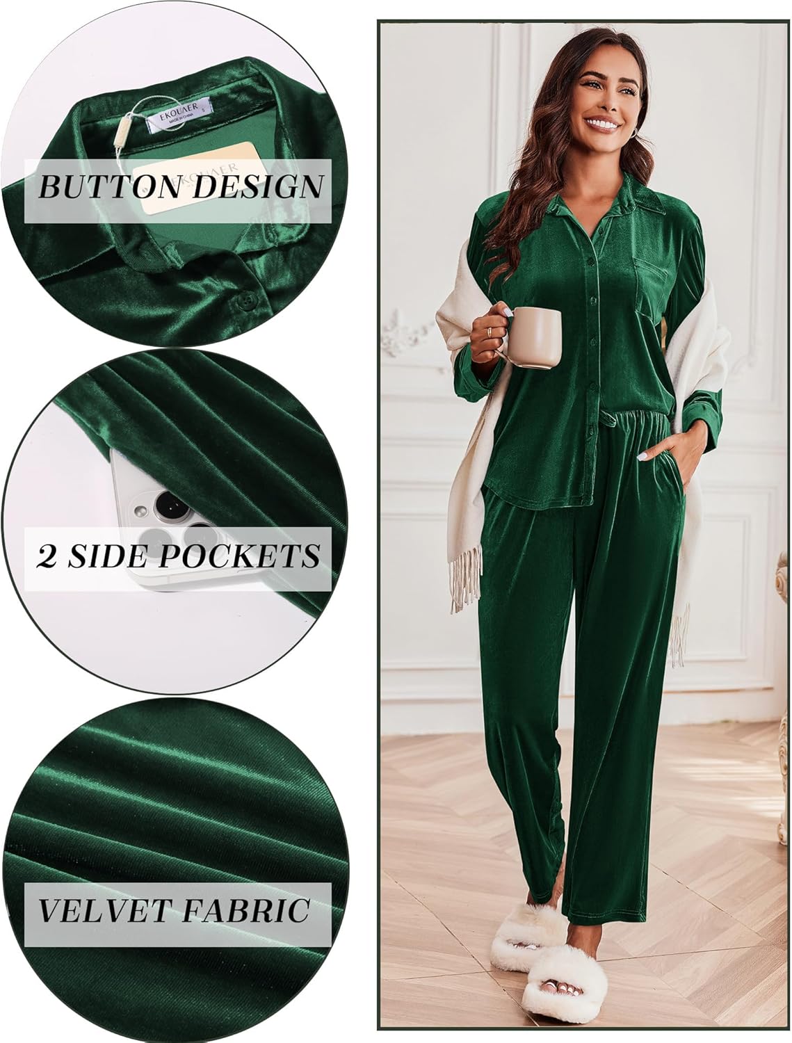 Grünes Velour-Pyjama-Set: Langarmhemd mit Knopfleiste, Hose mit Seitentaschen