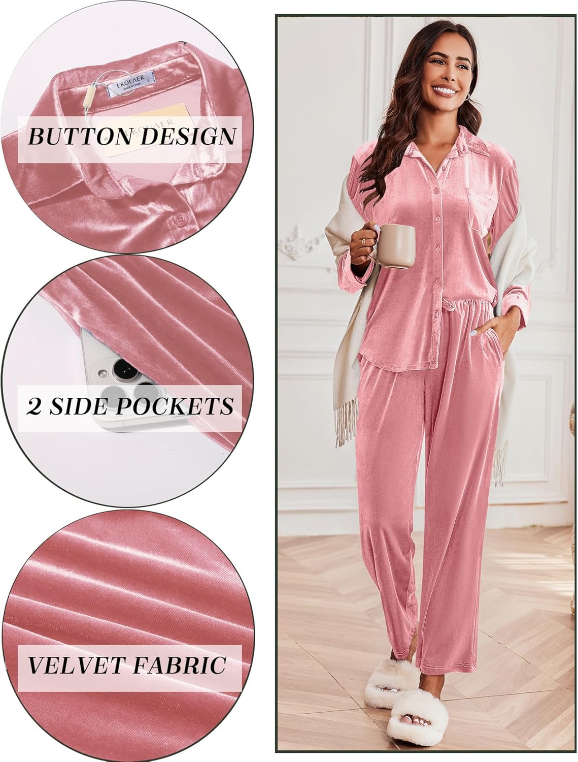 Velour track pajama set in rose pink with long sleeves, button front, and side pockets
