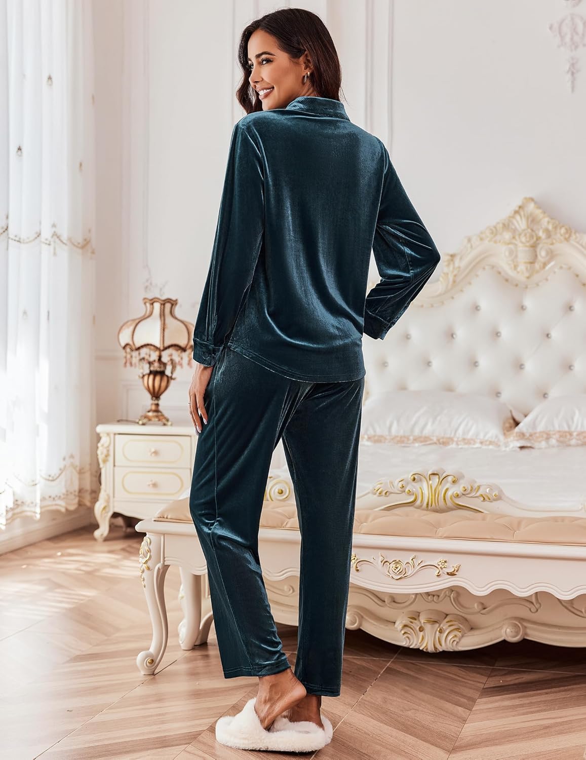 Dark blue velour pajama set with long-sleeve top and matching pants, back view