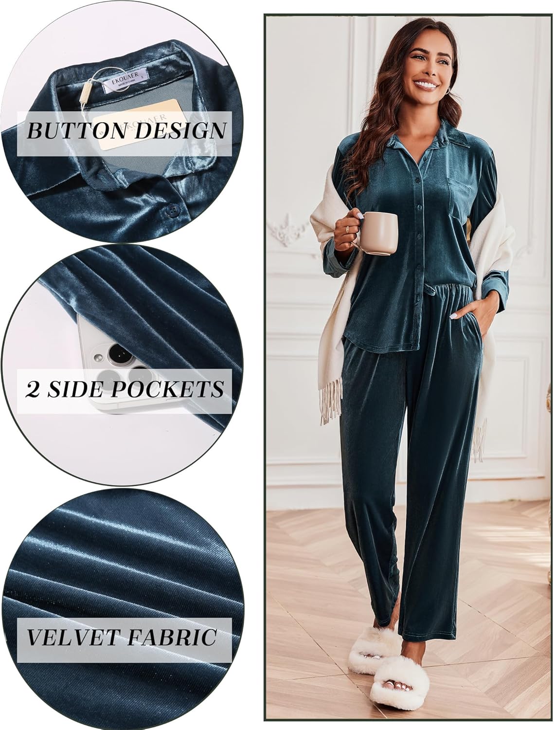 Dark blue velour pajama set details: button front, side pockets, long sleeves, pants