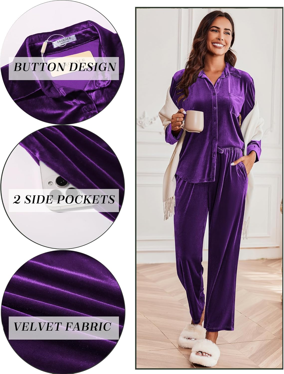Purple velour pajama set features: button design, side pockets, long sleeves, pants