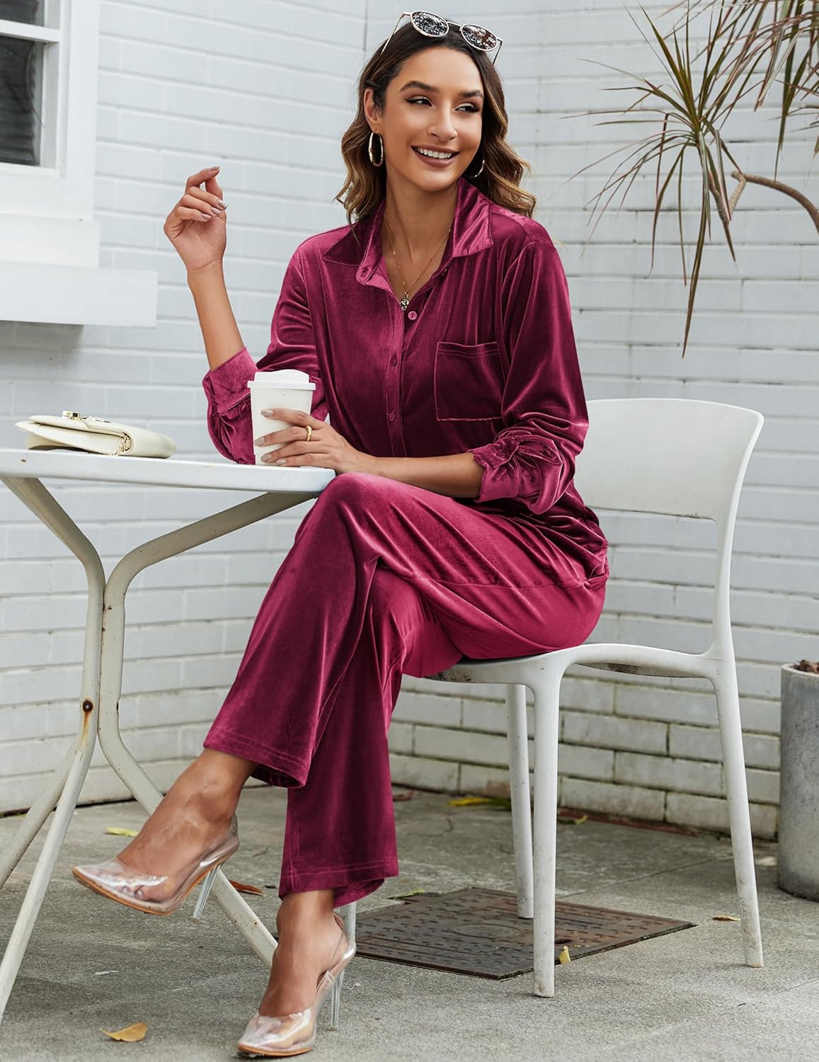 Dark blue velour pajama set with button-front top and matching long pants
