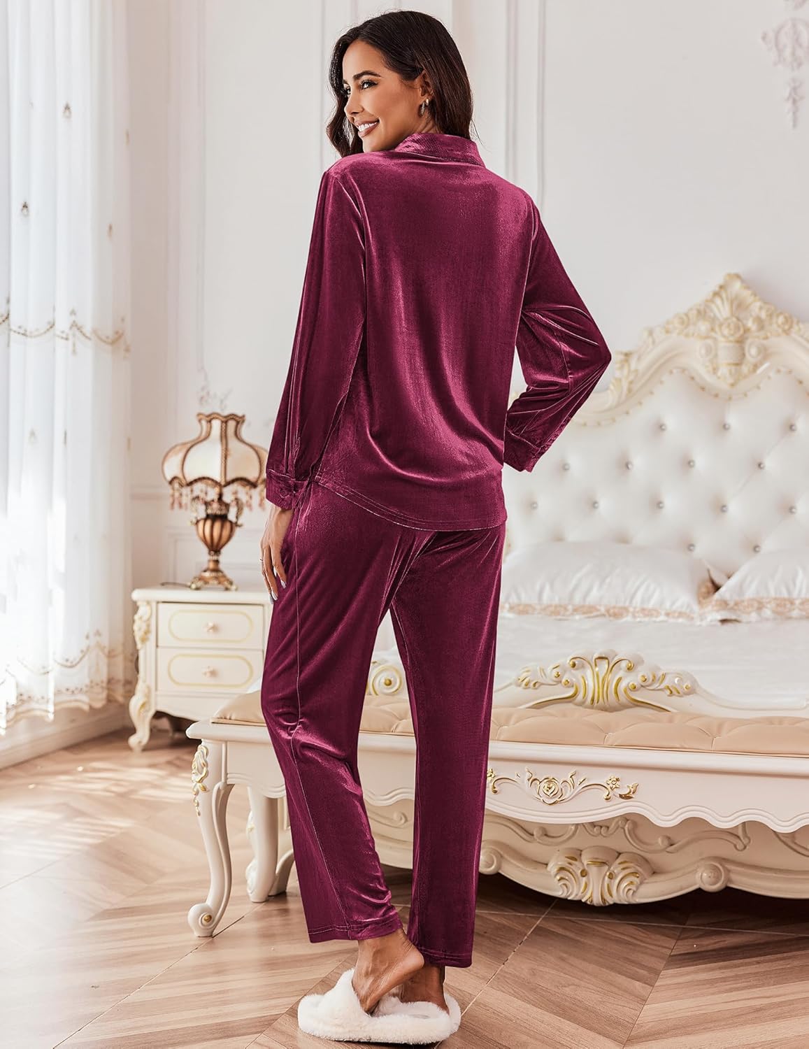 Purple velour pajama set, long-sleeve top and matching straight-leg pants, back view