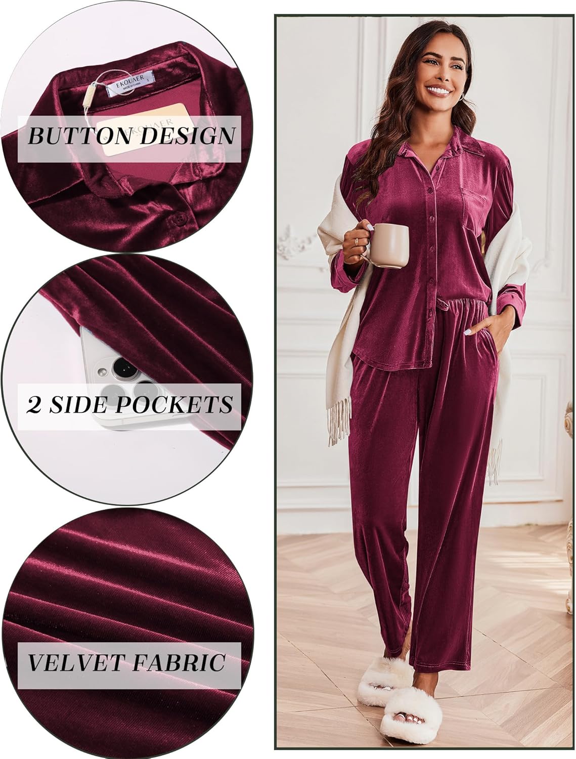 Wine red velour pajama set details: button front, side pockets, long sleeves, pants