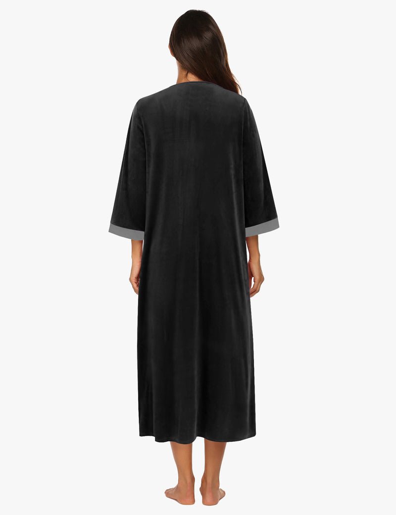 Back view: black velour zipper housecoat robe with 3/4 sleeves