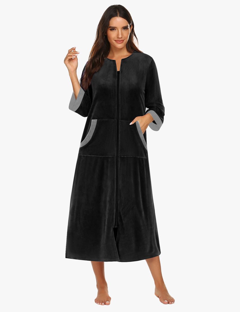 Velour zipper robe with pockets and 3/4 sleeves, black