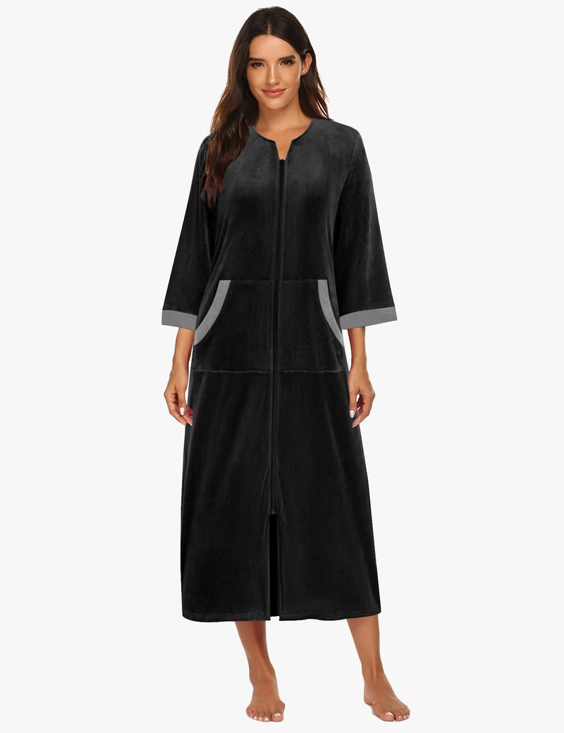 Black velour zip-front housecoat robe, 3/4 sleeves, side pockets