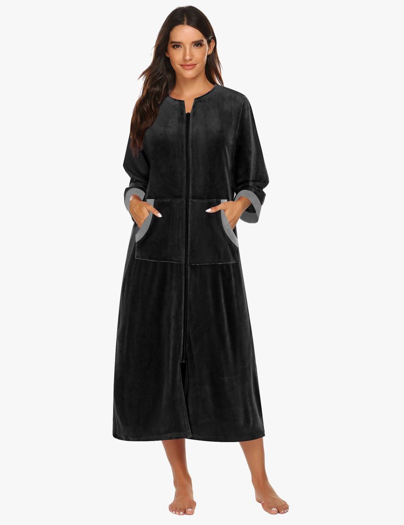 Ekouaer velour zip-front housecoat robe, 3/4 sleeves, pockets, black