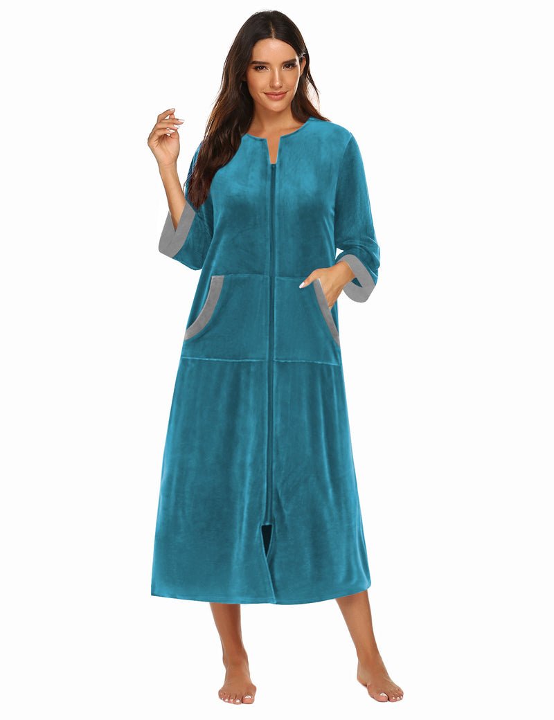 Teal velour zipper housecoat robe with 3/4 sleeves and pockets