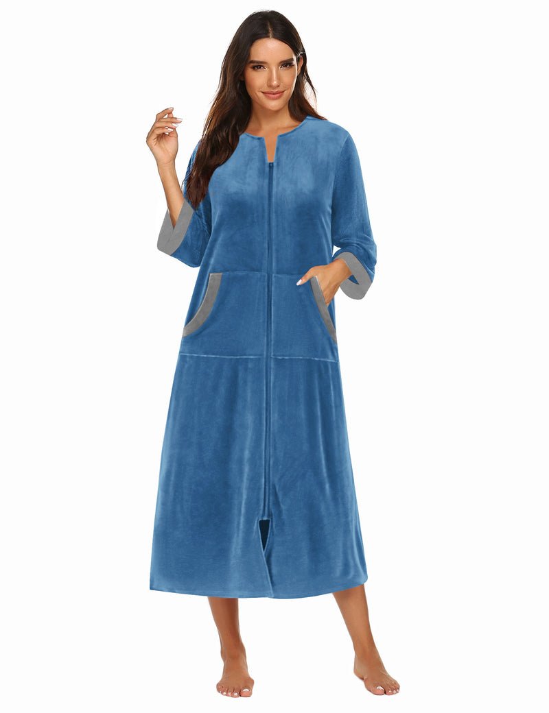 Light blue velour zip-front housecoat robe, 3/4 sleeves, pockets