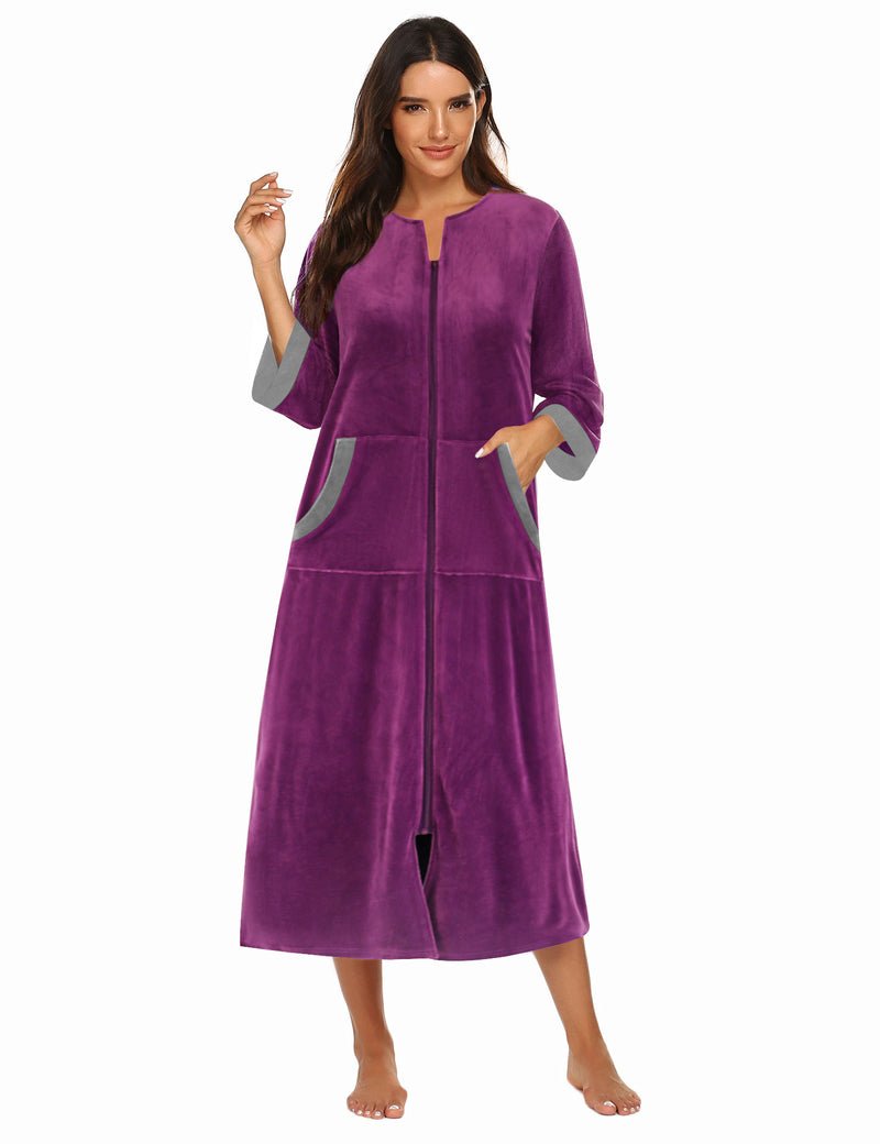 Purple velour zip-front housecoat robe with 3/4 sleeves and pockets