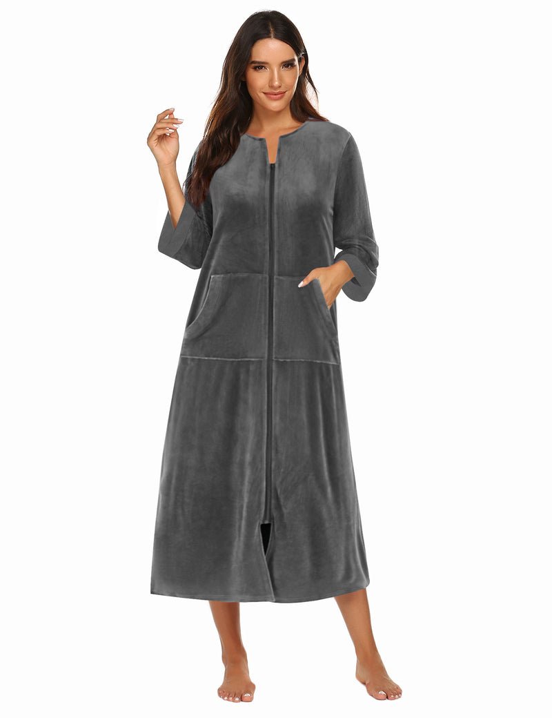 Grey velour zip-front housecoat robe, 3/4 sleeves, side pockets