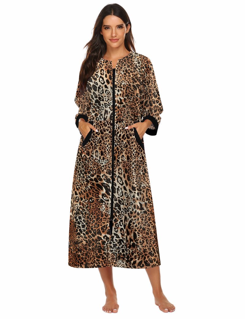 Leopard-print velour zip-front robe, 3/4 sleeves, side pockets