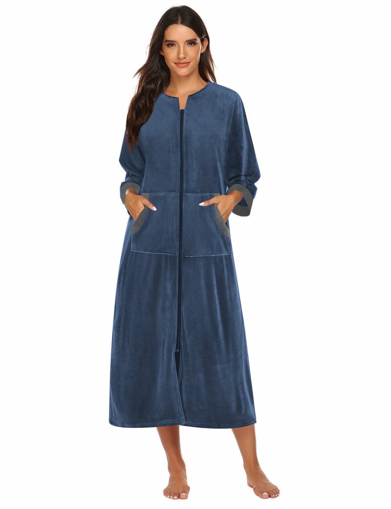 Blue velour zip-front robe housecoat, 3/4 sleeves, pockets