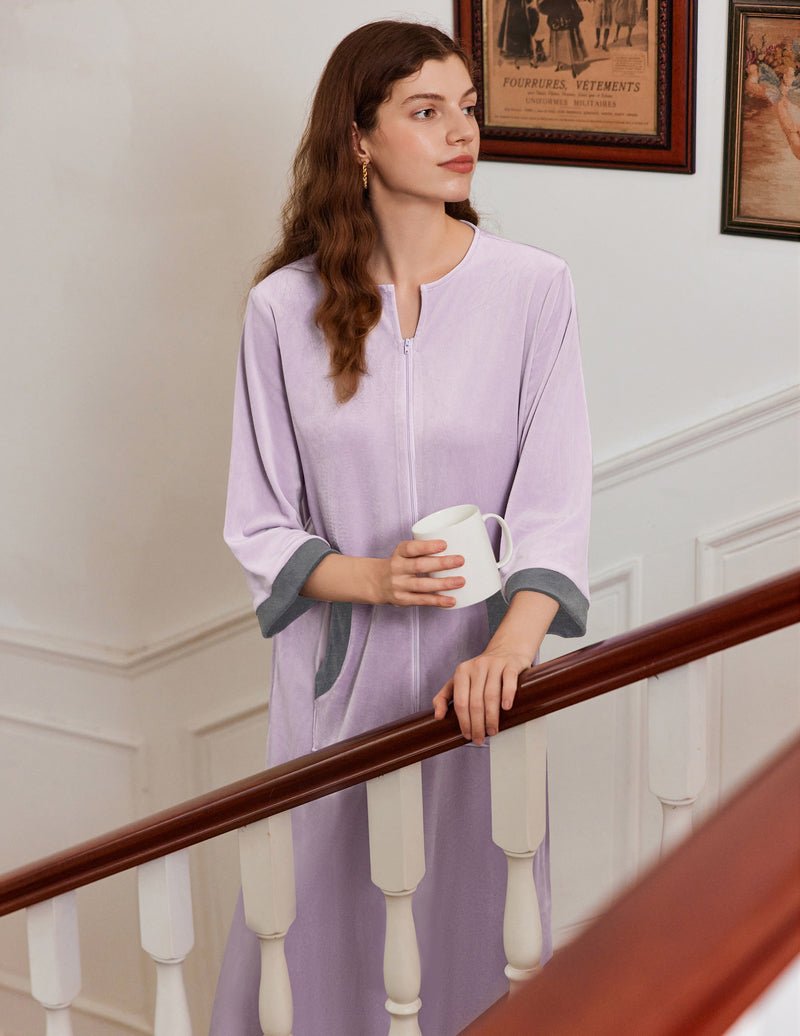 Lavender velour housecoat with zip front and 3/4 sleeves, gray cuffs