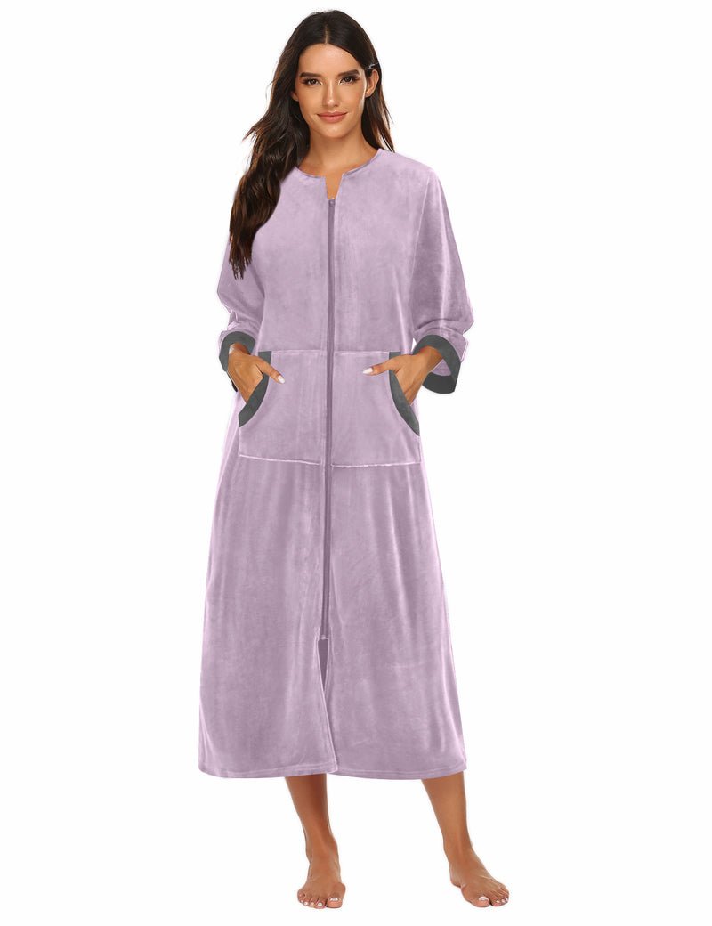 Lavender velour zip robe with 3/4 sleeves and side pockets