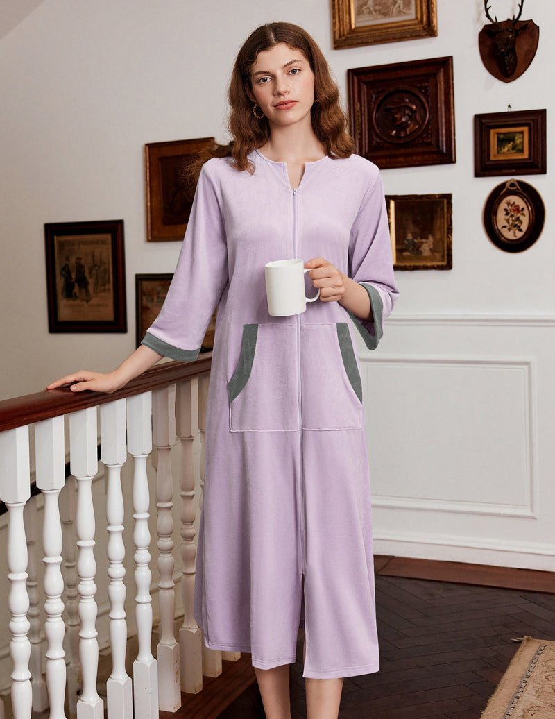 Lavender velour robe with zip front, 3/4 sleeves, green-trim pockets