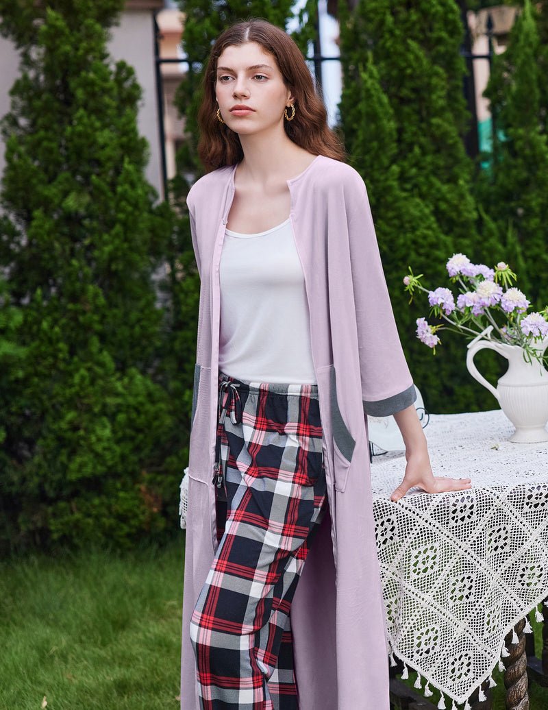 Light purple velour zip-front robe with 3/4 sleeves and side pockets