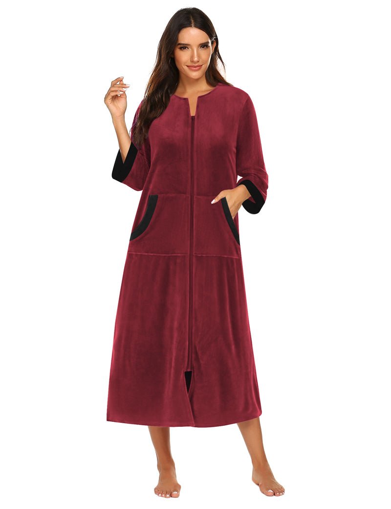 Burgundy red velour zip-front robe housecoat, 3/4 sleeves, pockets