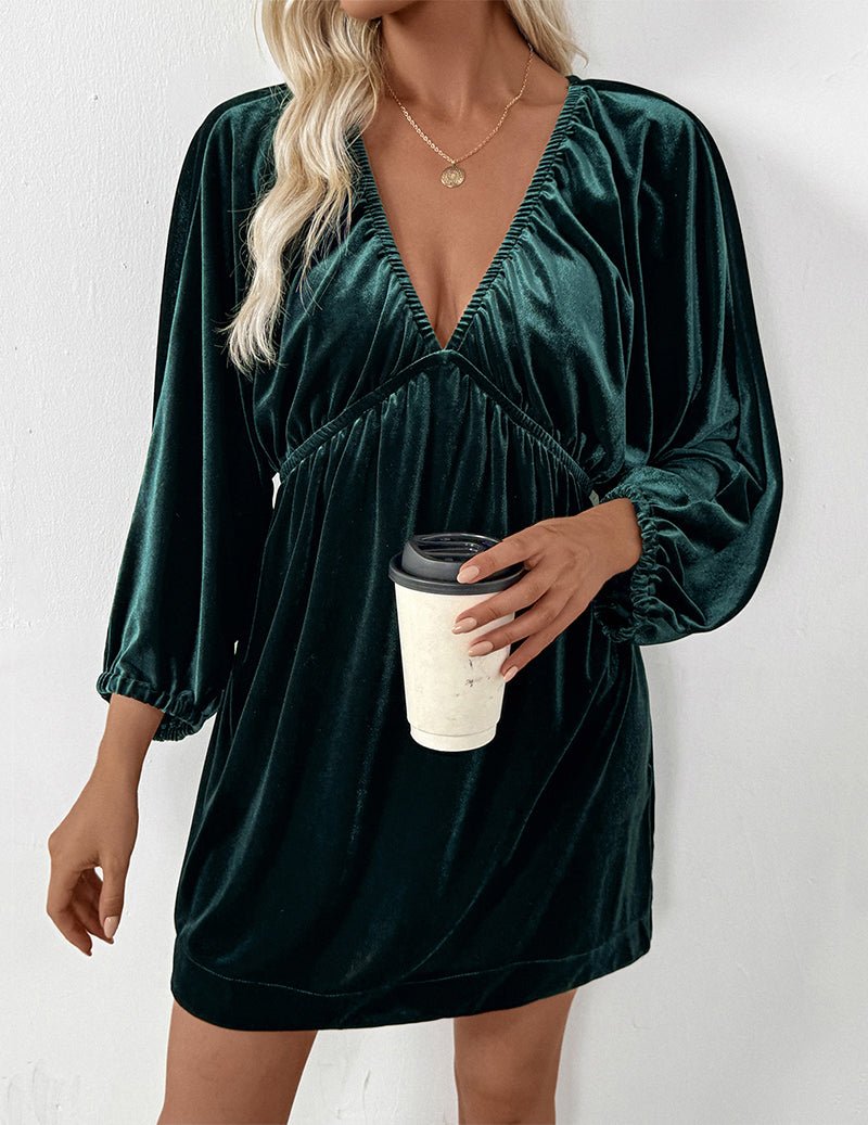 Dark green velvet mini dress with V-neck, 3/4 sleeves and gathered waist