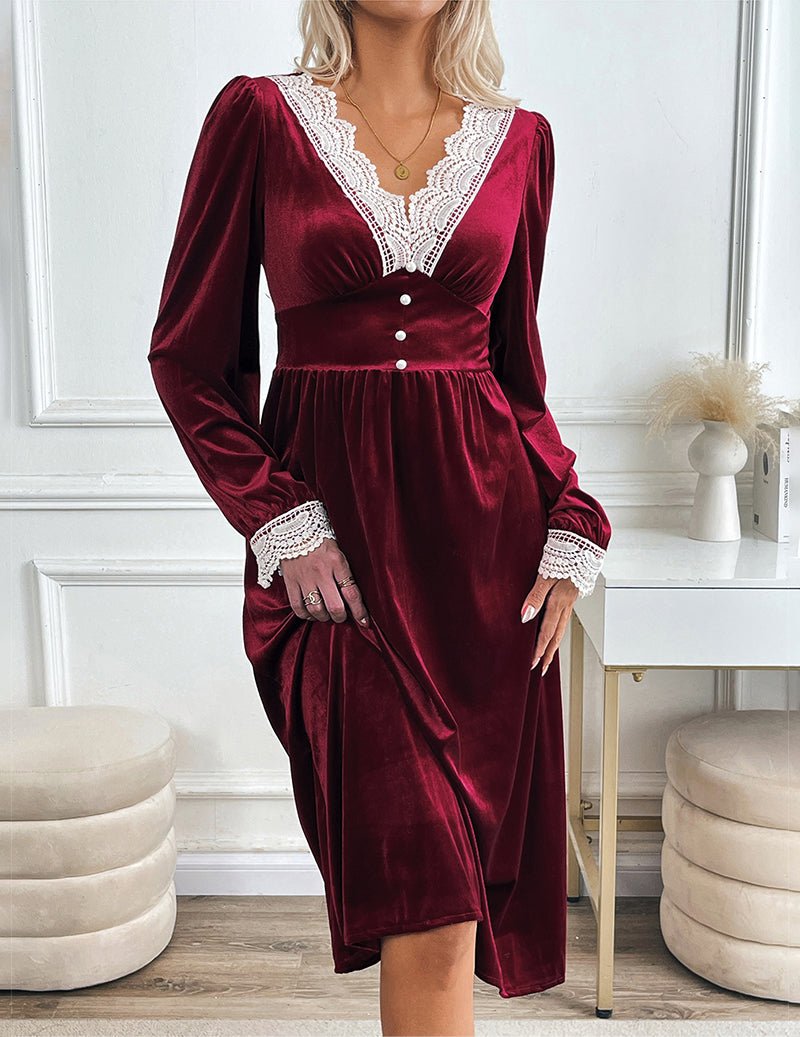 Wine red velvet lace-trim long sleeve dress with V-neck and button front