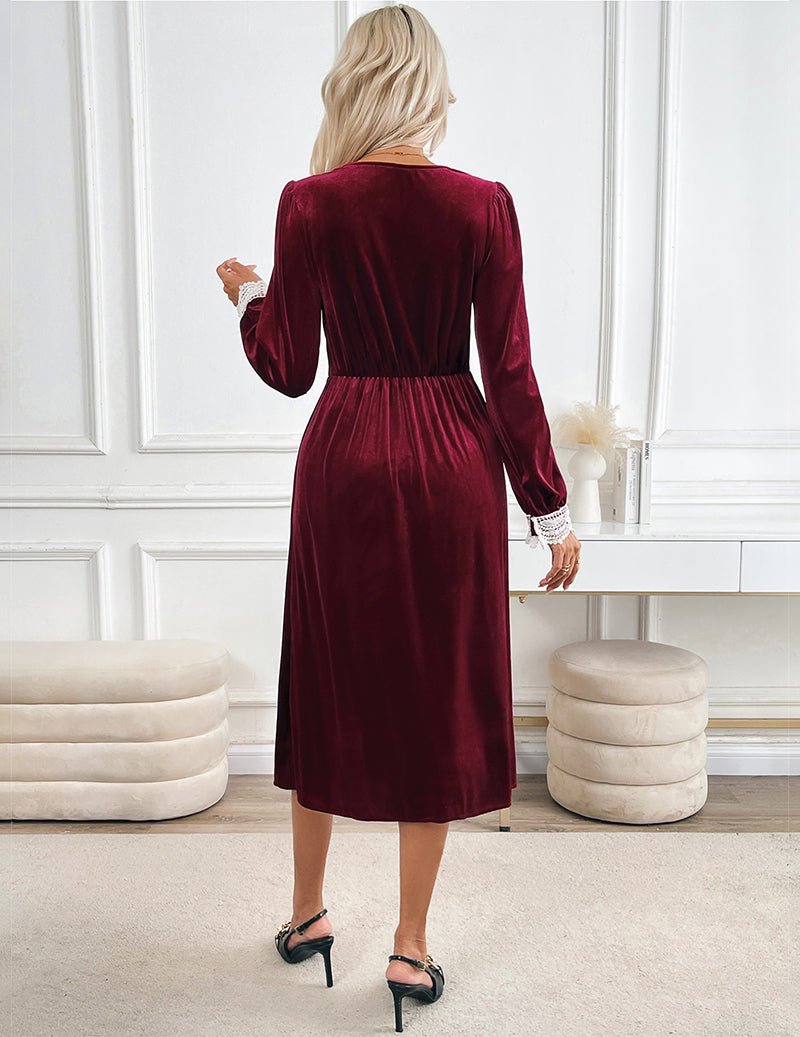 Back view of wine red velvet long sleeve midi dress with gathered waist seam