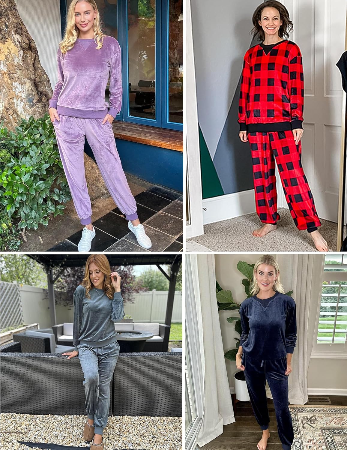 Velvet long-sleeve jogger pajama set: purple solid, red check, gray, navy (4 looks)