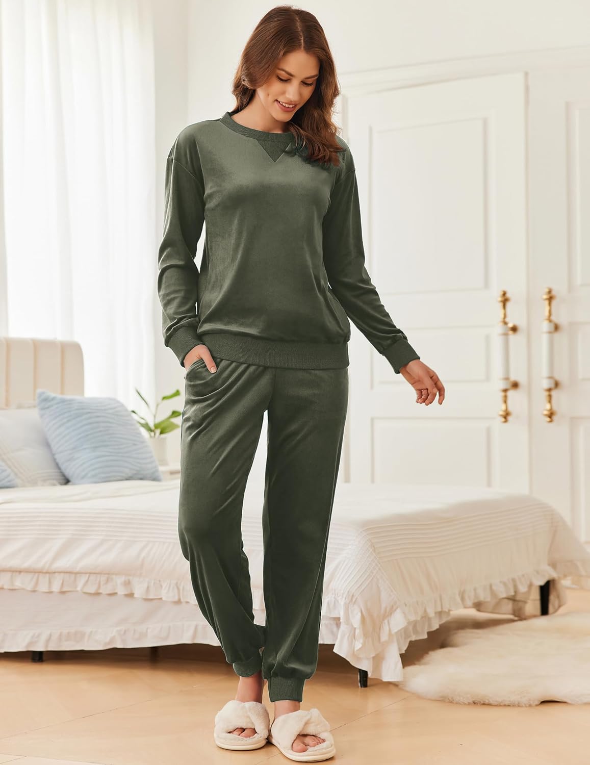 Army green velvet long-sleeve pajama set with crew neck top and jogger pants