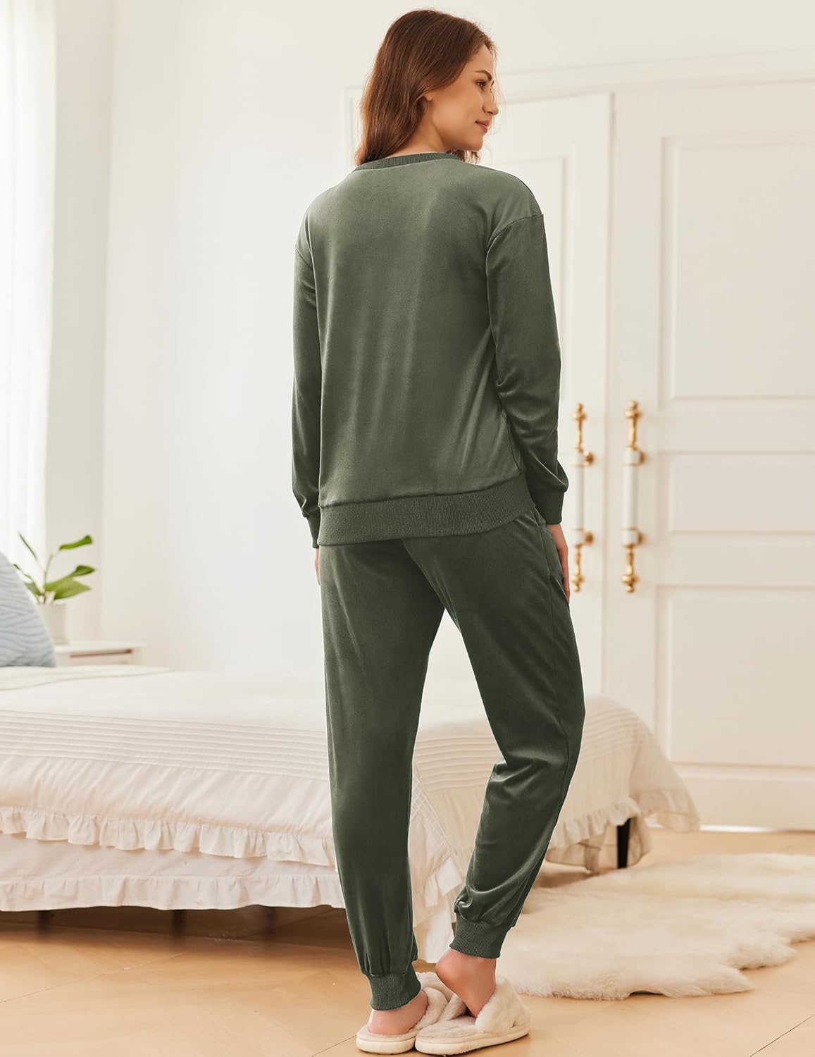 Army green velvet long-sleeve pajama set from back view with cuffed joggers