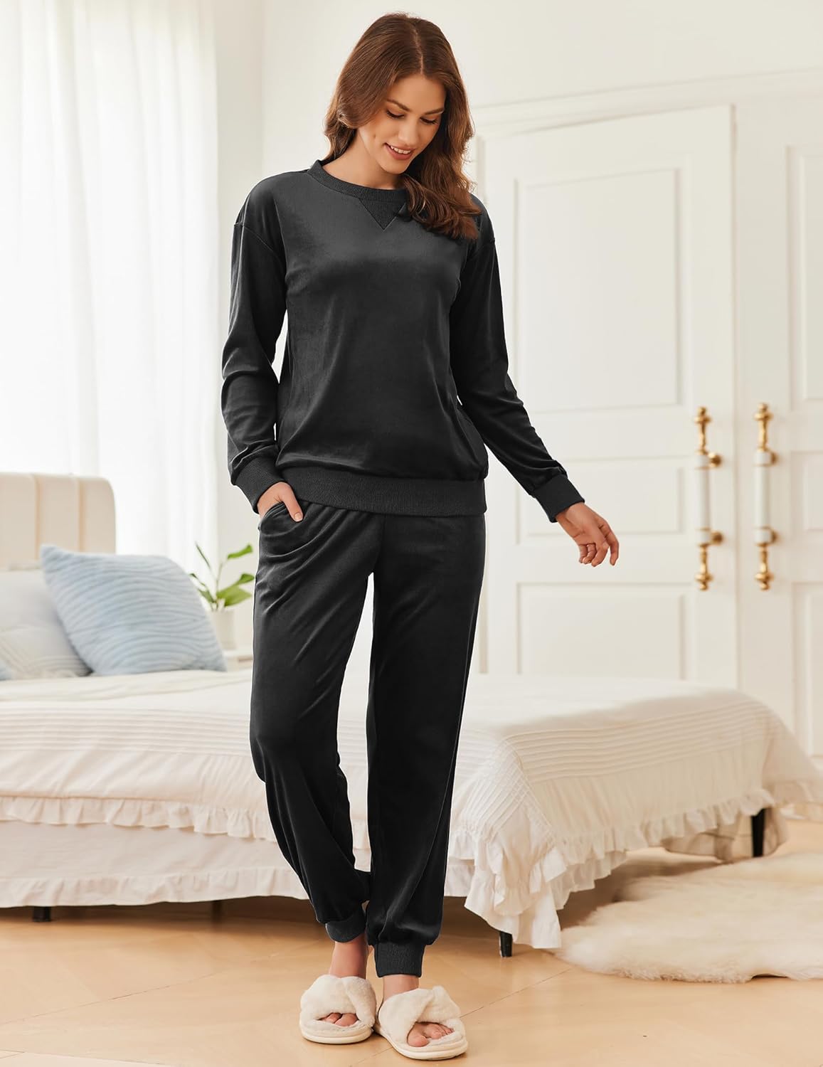 Velvet long sleeve jogger pajama set in black
