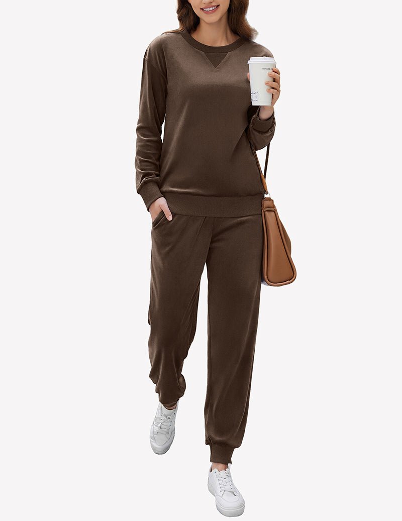 Brown velvet long-sleeve pajama set with crew neck top and jogger pants