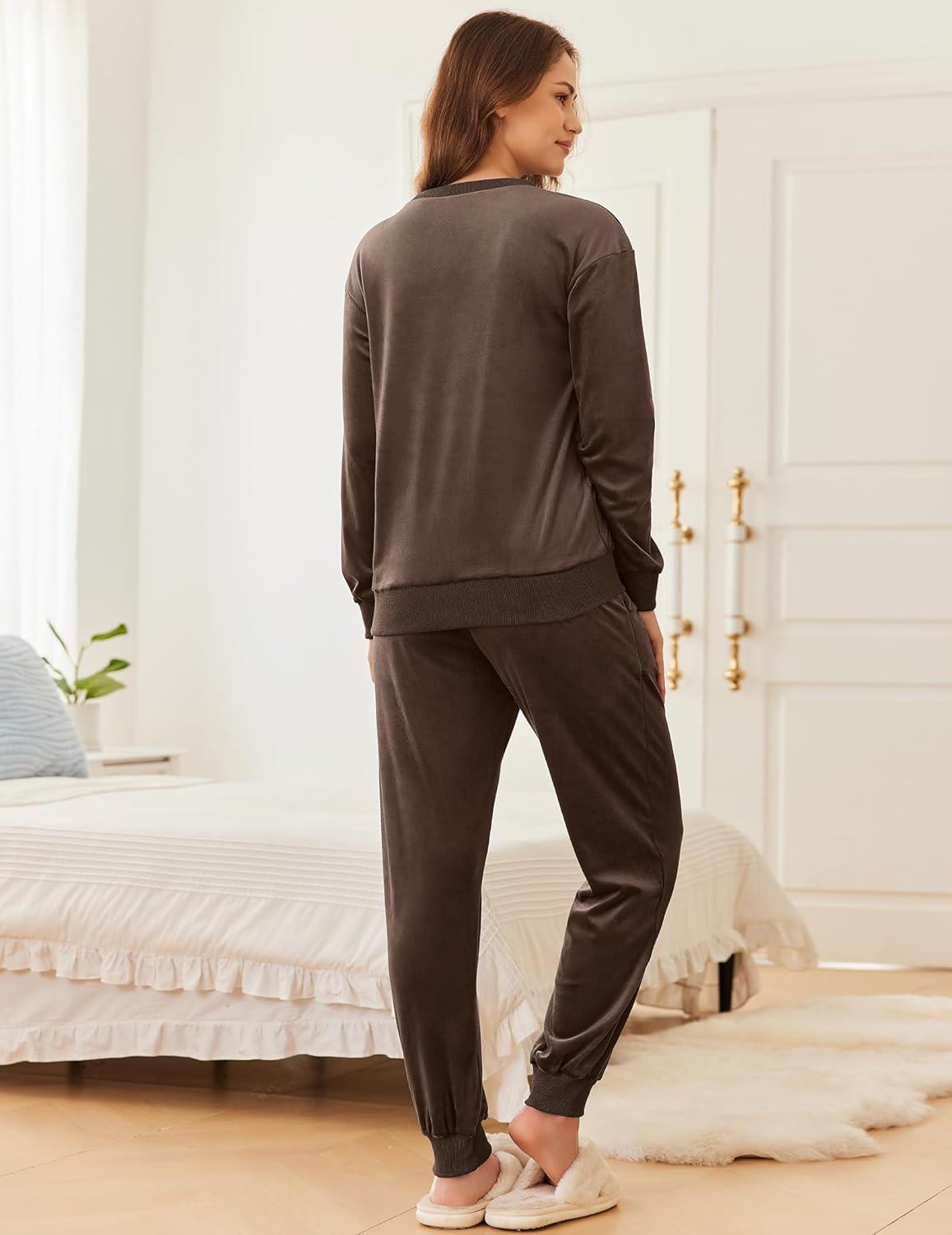 Brown velvet long-sleeve pajama set from back view with matching cuffed joggers