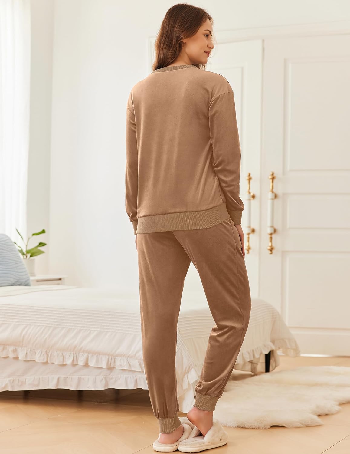 Brown velvet long-sleeve pajama top and jogger pants, back view