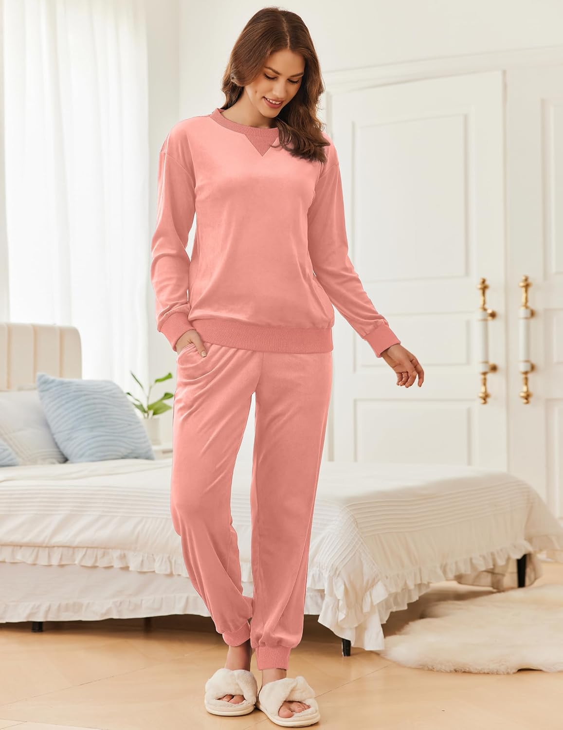 Pink velvet long-sleeve jogger pajama set with matching cuffed pants