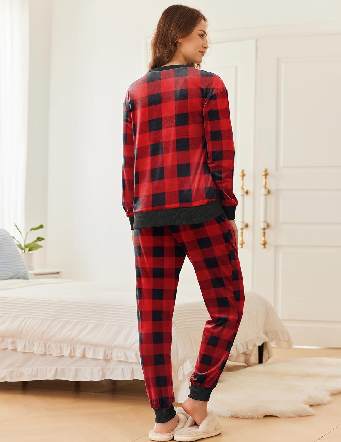 Velvet long sleeve jogger pajama set, red and black plaid back view