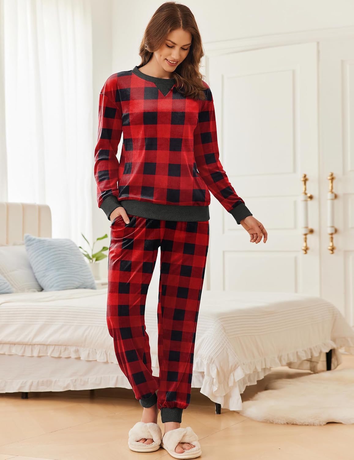 Velvet long sleeve jogger pajama set in red and black plaid