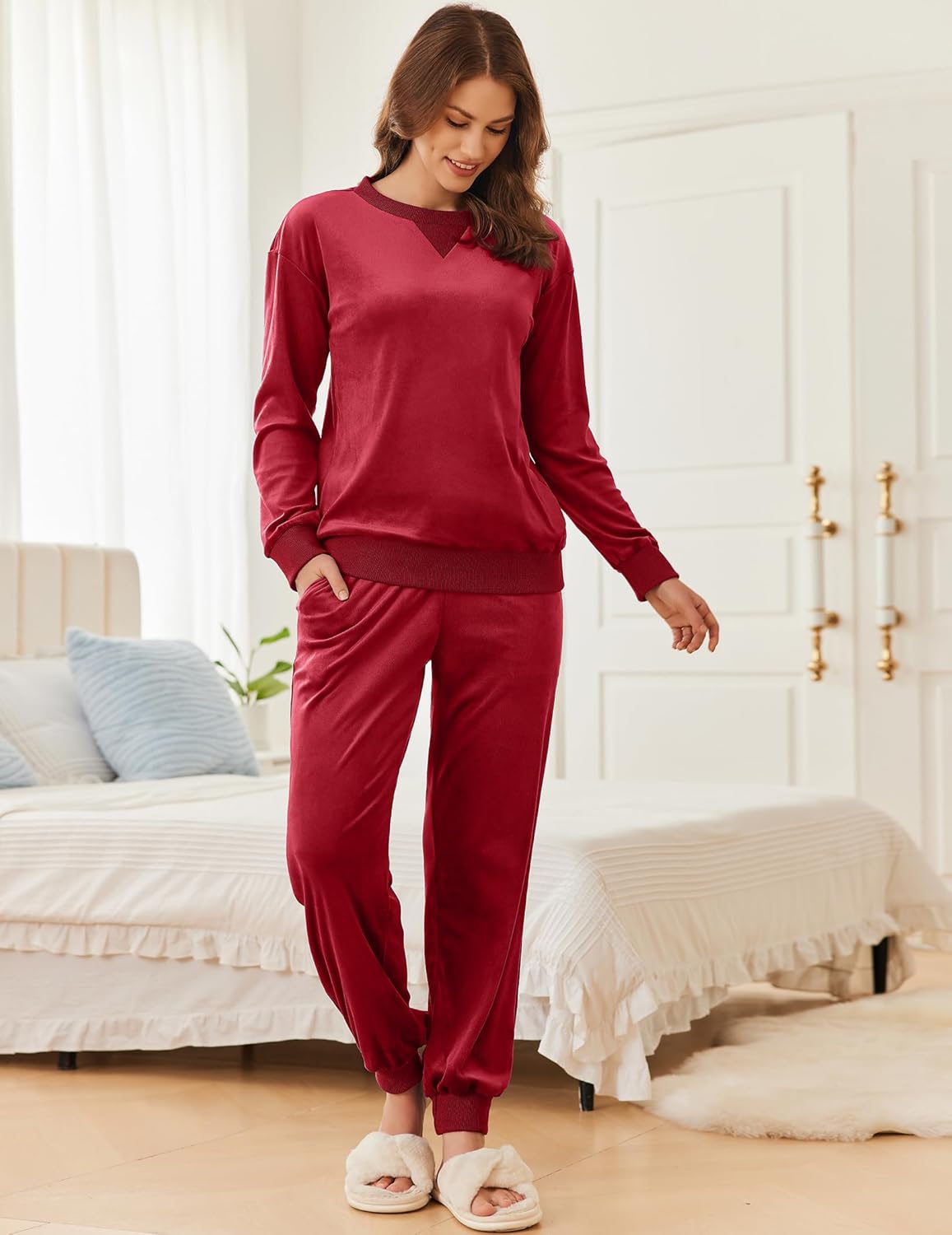 Wine red velvet long-sleeve jogger pajama set with matching cuffed pants