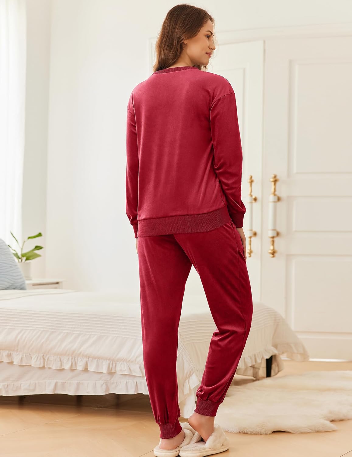 Wine red velvet long-sleeve pajama top and jogger pants, back view