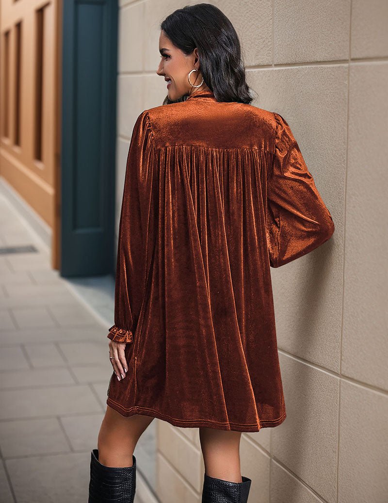 Brown velvet notch-neck ruffle-sleeve dress, back view with gathered yoke