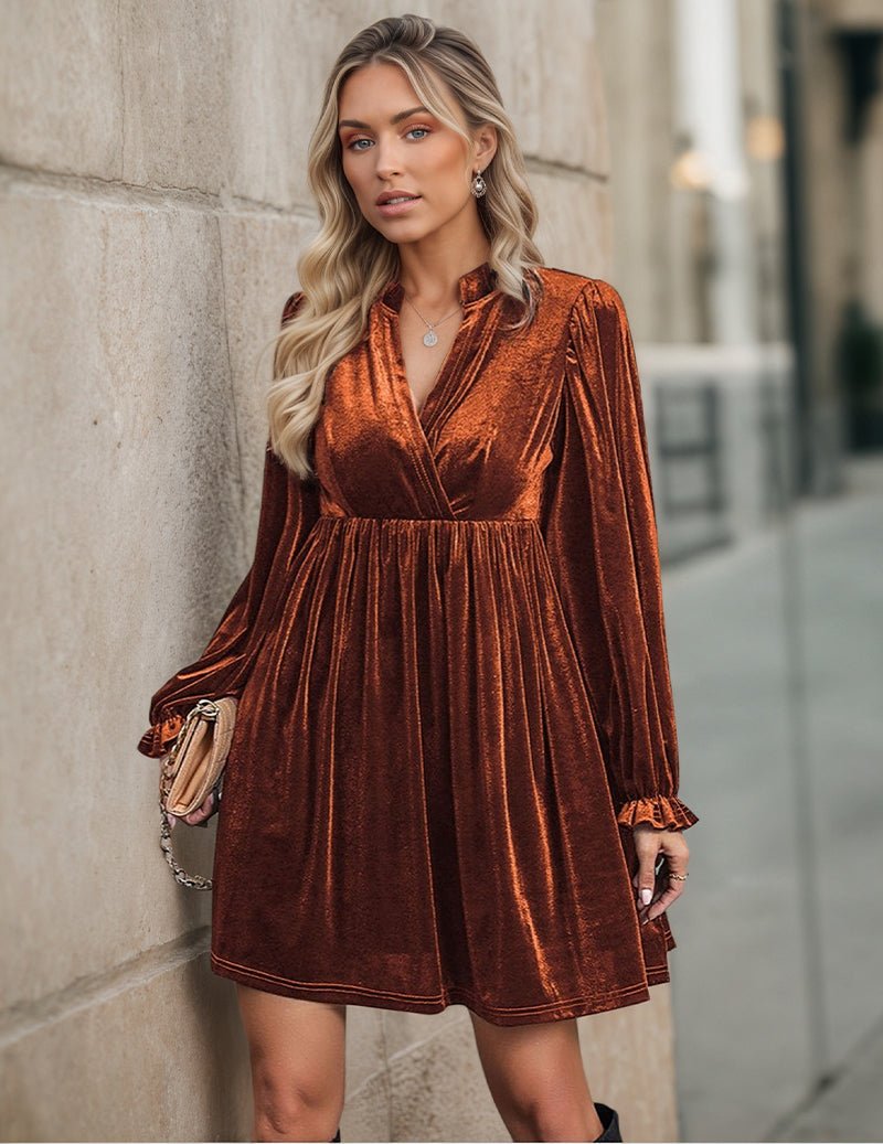 Brown velvet notch-neck ruffle-sleeve dress with gathered waist and pleated skirt